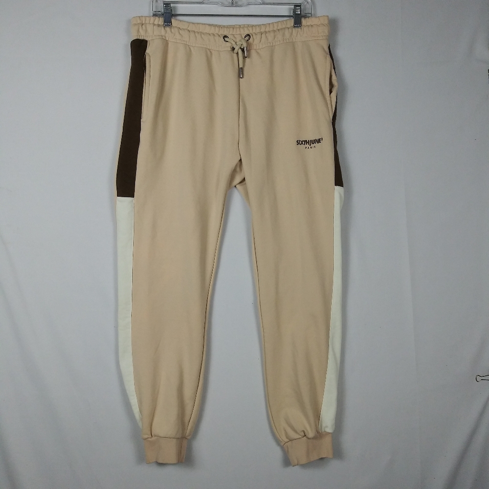 Sixth June Paris Sweatpants Womens L Cream Brown Pockets Drawstrings Embroidered